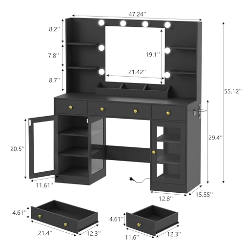 Image of HUANLEGO Vanity Desk with Mirror and Lights, Large Makeup Vanity Set with Power Outlet & RGB Glass Cabinet, 3 Drawers, Black Vanity Mirror with Lights Dressing Table for Girls Women, 3 Color Modes