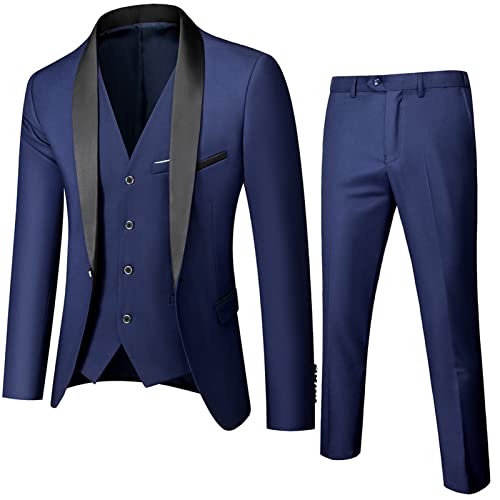 Men Shawl Lapel 3 Piece Tuxedo Suit Slim Fit One Button Jacket Vest & Pant Set Business Wedding Dinner Blazer Set (Dark Blue,Large)