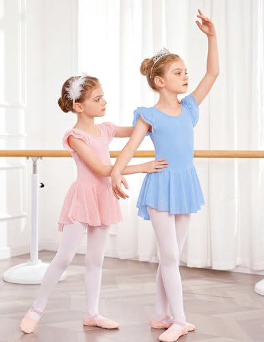 Image of Arshiner Girls Shiny Ruffle Sleeve Ballet Leotard with Skirt Criss-Cross Back Dance Dresses