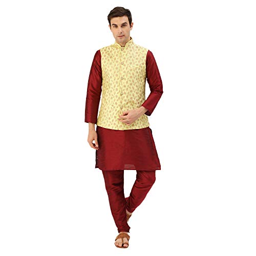 Image of SOJANYA (Since 1958 Men's Cotton Linen Maroon Kurta and White Pyjama with Mustard Cotton Nehru Jacket