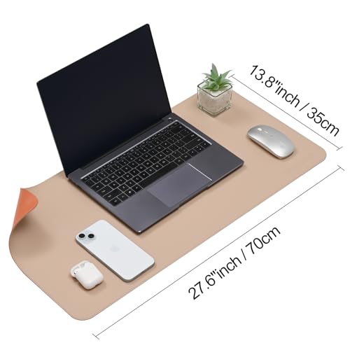 Image of AROPANA Vegan Leather Desk Mat | Large Reversible Mouse Pad & Computer Table Protector | Dual-Side Waterproof Extended Laptop Pad with Edge-Stitched Design (70x35CM, Apricot and Orange)