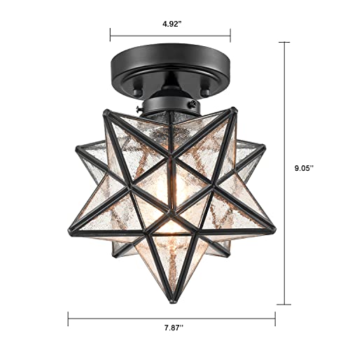 Image of Moravian Star Flush Mount Ceiling Light Black with Seeded Glass | Ceiling Mount Light Fixture for Living Room Bedroom Kitchen Hallway