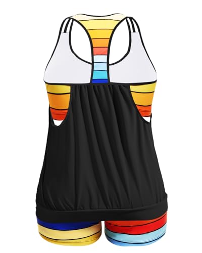 Image of Womens Plus Size Tankini Swimsuit Two Piece Tummy Control Bathing Suit | Blouson Racerback Tankini Top with Shorts, Double Up Design, Removable Pad
