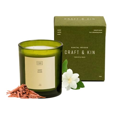 Craft & Kin 12oz Santal Woods Candle for Home | Premium Green Spring Scented Candles for Men | Made with Natural Soy | Gifts for Men and Women | Nature Collection
