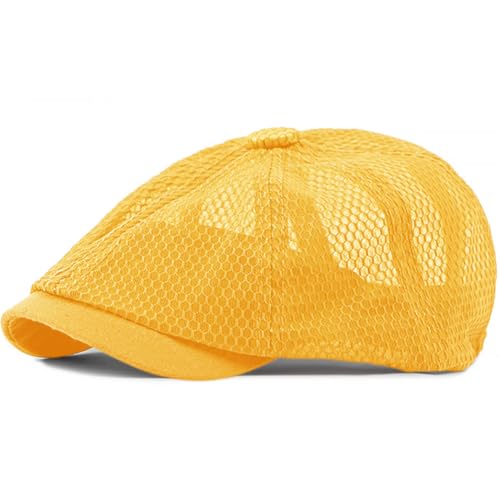 Unisex Mesh Beret Cap - Octagonal Dome Design for Artists & Sports Breathable Ivy Newsboy Style Summer Sun Hat (US Alpha One Size Yellow)