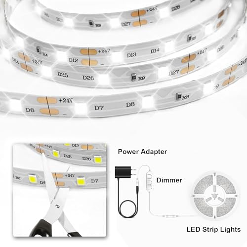 Image of phopollo White LED Strip Lights, 16.4ft Dimmable 6500k Daylight White Led Light Strip, 300 LEDs Flexible Led Lights for Bedroom, Mirror, Kitchen Decoration