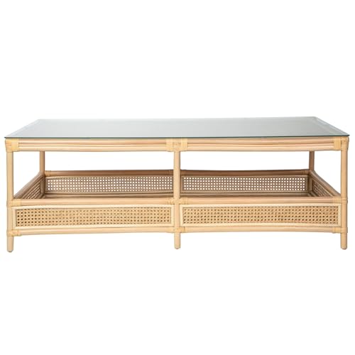 image for Kouboo Rattan Cane Rectangular 2-Tier Open Shelf Coffee Table with Gla