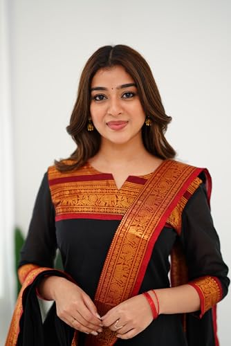 Image of TWINLIGHT Women's Kanchi Cotton Elephant Jaquard Work Kurta and Dupatta Set | V Neck 3 /4 Sleeves Straight Calf Length Kurti with Jaquard Border Work Dupatta | Kurti Set for Women