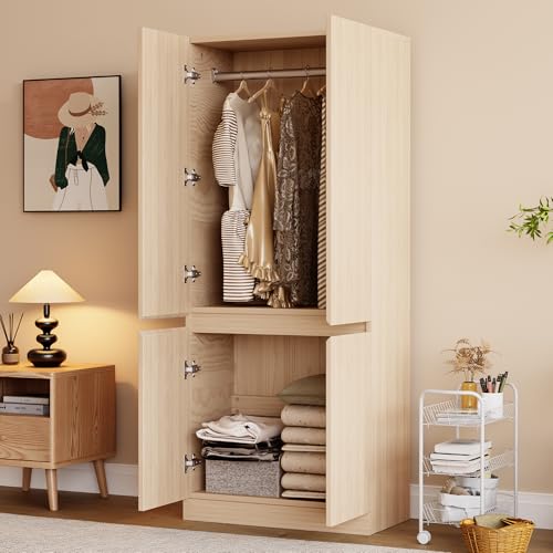 Merax Penderie 70 x 40 x 170 cm, à double porte, en bois, grand espace de rangement, zone suspendue et grand compartiment de rangement, facile à nettoyer,...