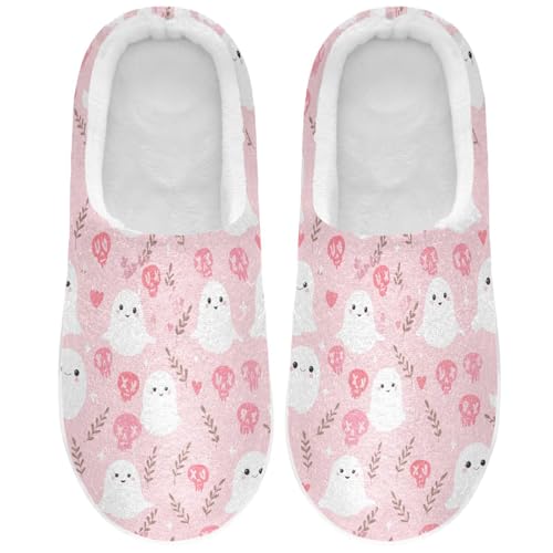 House Fuzzy Slippers Cute Halloween Ghost Skull Pink Anti-Slip Warm Shoes for Womens and Men A2304510