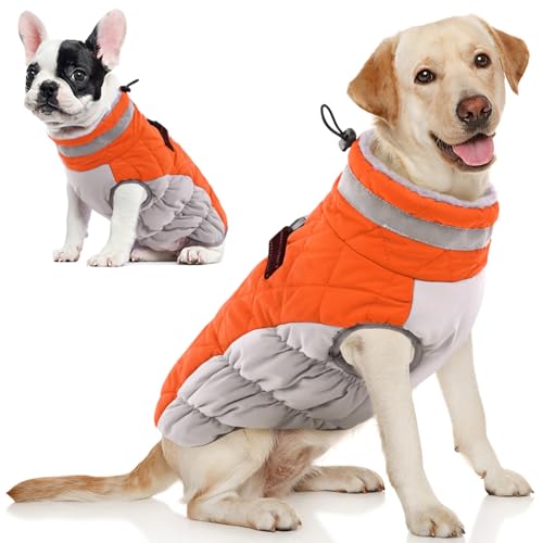 Image of AOFITEE Dog Coat, Warm Dog Winter Coat, Reflective Cold Weather Dogs Puffer Jacket with Harness Built in, Waterproof Pet Fleece Vest Snowsuit for Small Medium Large Dogs, Orange L