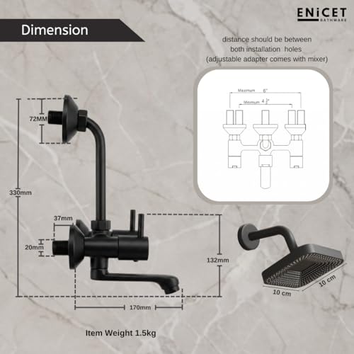 Image of ENICET Brass Wall Mixer with Shower | Matte Black | 190mm Long L Bend Pipe | Wall Mixer for Bathroom | Shower Mixer Set for Bathroom | 7 Year Warranty | Hot and Cold Water Tap (FE121SBlack)