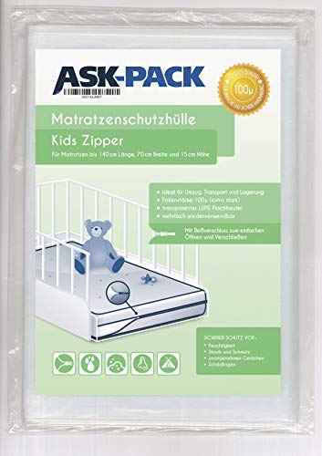 ASK Pack Premium - Funda protectora para colchón infantil con cierre de cremallera para colchones de 70 cm de ancho / hasta 15 cm de alto / 140 cm de largo - Extra fuerte 100?
