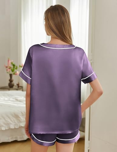 Image of Silk Pajamas for Women Short Sleeve Satin 2 Piece Pj Set Soft V Neck Sleepwear Loungewear, S-XXL