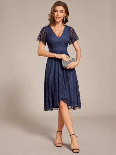 Image of Ever-Pretty Women's V Neck Short Sleeves Lace A Line Hi-Lo Midi Semi Formal Dress 02489