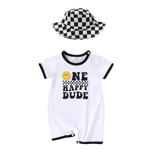 Happy Town One Happy Dude 1st Birthday Romper Bodysuit 95% Cotton Baby Boy Sun Hat Racing Theme Summer Cake Smash Outfit(Crisp White One Happy Dude 1st Birthday 12-18 Months)