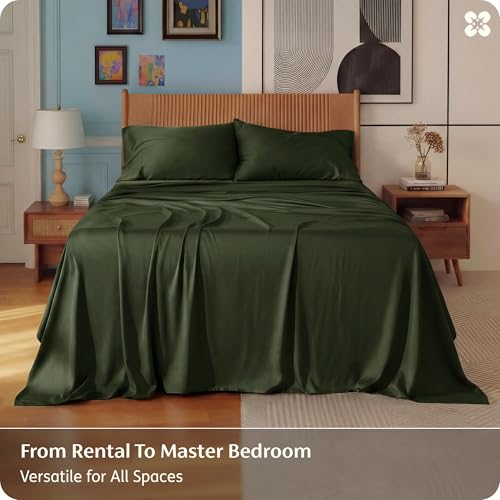 Image of Bedsure King Size Sheets Set, Cooling Sheets for Hot Sleepers, Rayon Derived from Bamboo, PureWoven, Breathable & Soft, Deep Pocket Up to 16 Inches, Hotel Luxury Silky Bedding, Olive Green