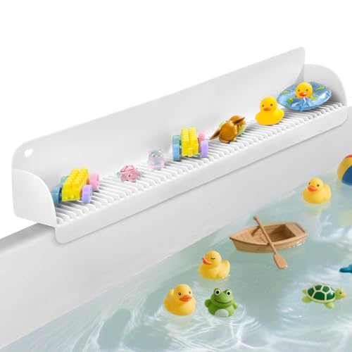 24 Inch Bathtub Splash Guard with 10 Suction Cups, Silicone Tub Water Splash Guard for Bathtub, Bath Toy Tray Holder Play Shelf for Kids, Universal for Bathroom, Kitchen Sink (White)