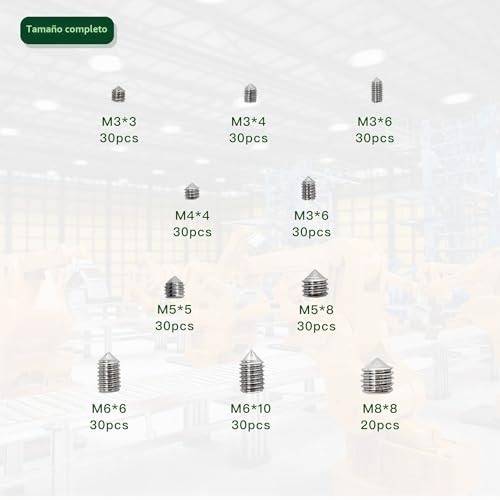 Miniatura 2 de 290 Pzs Tornillos De Punta Cónica, M3 M4 M5 M6 M8 Tornillos Sin Cabeza Prisioneros De Cabeza Hexagonal De Fijación Acero Inoxidable Con 5 Llave Allen