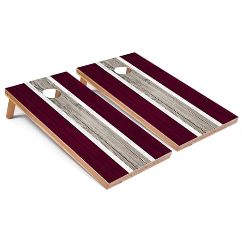 Skip's Garage Maroon and Maroon Striped All-Weather Cornhole Boards - PVC - Include CASE + Edge Lights