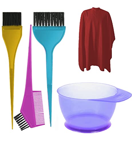 Hair Coloring Dyeing Kit Tint Tool Brush and Plastic1LBowl and Apron Set for Professional Hairdressing or Home Use for Men and Women Dye Brush Kit Multicolor 5 Pieces (Combo Set-2)