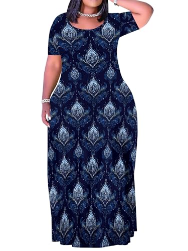 Image of PinkPatty Plus Size Dress for Women Casual Crew Neck Short Sleeve Maxi Dress Oversized Summer Beach Dresses with Pockets