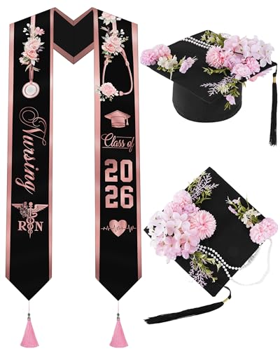 Romart Nursing Graduation Stole Class of 2026 Black Pink RN Graduation Sash with Flower Cap Topper Nurse Stoles for Pinning Ceremony Nursing School Gift for Grads Women Girls