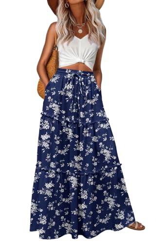 Image of Lepunuo Womens Casual Boho High Waisted Flowy Maxi Skirts Tiered Floral Long Skirts with Pockets for Summer Beach Vacation