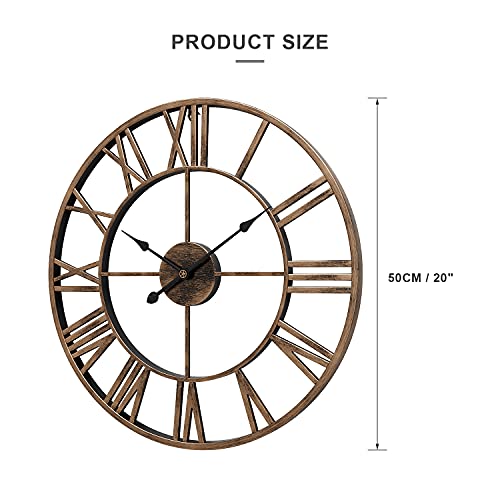 Wgwart 20" Large Roman Numeral Wall Clock, Silent Non Ticking Battery Operated Quartz Round Big Metal Wall Clock For Home Decorative/Loft/Living Room Decor/Farmhouse - Antique Gold #TOP1