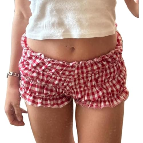 Image of Amiblvowa Bloomer Pajama Boxer Shorts Women Y2k Ruffle Low Rise Sexy Gingham Plaid Lounge Elastic Lolita Micro Pj Sleep Pants (Red Ruffle, M), Medium
