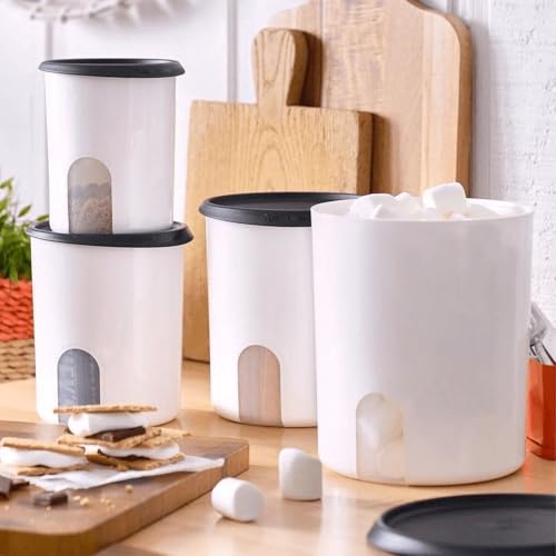 Image of Tupperware One Touch Reminder Canisters 4 Canister Food Storage Set in White & Black, Dishwasher Safe and BPA Free, (4 Containers, 4 Lids)