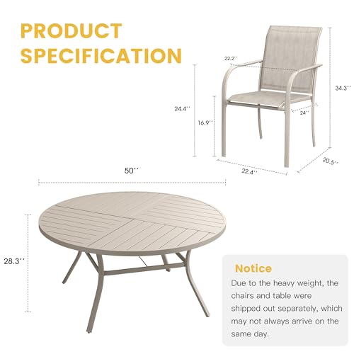 Image of VICLLAX Patio Table and Chair Set of 6, All Weather Metal Round Outdoor Dining Furniture Set-50 Round Outdoor Table and Chairs, Sandshell Tabletop