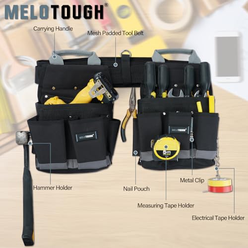 Image of MELOTOUGH Electrician Tool Belt Set, Padded Work Rig with detachable Tool Pouches and Utility Apron, Combo Harness with Carry Handles for Carpenter Construction