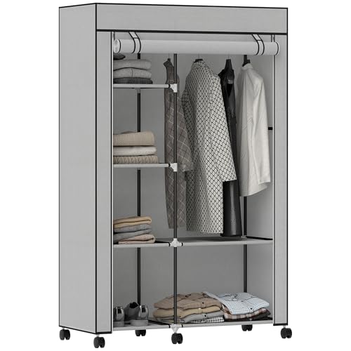 HOMCOM Armoire penderie en Tissu Meuble de Rangement Mobile 6 roulettes avec Tringle à vêtements et étagères Ouvertes penderie vêtement Dressing Roulant pour...