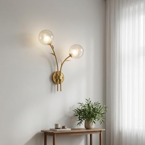 Image of 2-Light Gold Wall Lamp | 3-Color CCT (Warm + Natural + Cold White) | Dual Glass Globe Metal Wall Light for Living Room & Bedroom
