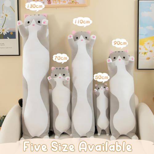 AMOZO Katzen Kuscheltiere süße Lange Katzen Plüschtiere, Niedliche Weiche Katze Stofftiere Plüsch Kissen Spielzeug für Mädchen und Kinder (Grau, 50cm)