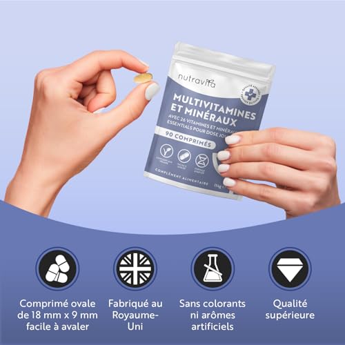 Multivitamines et Minéraux - 90 Comprimés 26 Nutriments dont Zinc Fer Selenium Vitamine C A B D3 E K - Vitamines, Minéraux et Compléments Vegan Haute Absorption - Nutravita – Image 6