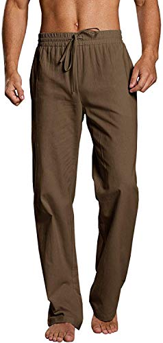 Enjoybuy Men's Linen Drawstring Beach Golf Elastic Waist Spring Long Casual Loose Summer Yoga Cotton Pants, 02-brown, Large