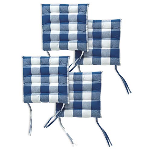Image of Encasa XO Chair Cushions 40x40 cm with Ties 4 pcs - Buffalo Blue Checks - Stripe Cotton Fabric, Rich Square Seat Cushions Micro-Fiber Filling, Large Size for Sitting, Sofa, Dining Table & Outdoor