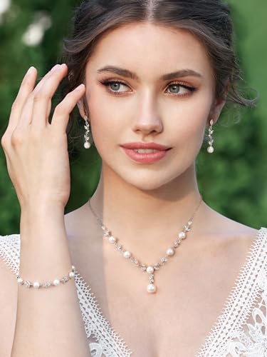 SWEETV Jewelry Set for Bride Women, Cubic Zirconia Pearl Bridal Earrings Necklace Bracelet Set, Bridal Jewelry Set for Wedding Prom2
