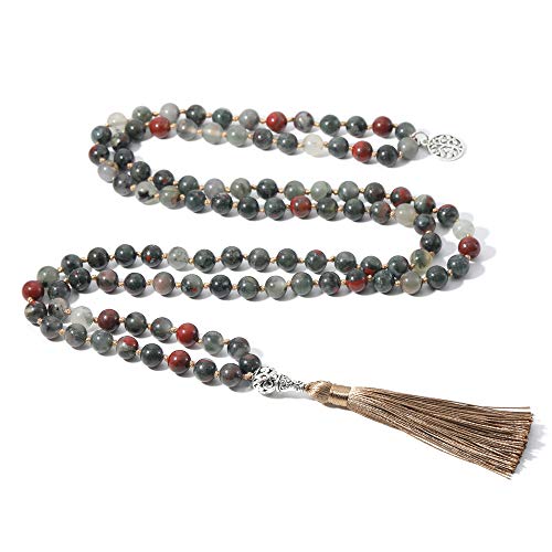 BALIBALI 108 Mala Beads Necklace Semi-Precious Gem Stones Meditation Necklace 108 Hand Knotted Japa Mala Beaded Tassel Necklace with Tree of Life Pendant