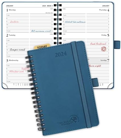 POPRUN Pocket Diary 2024 Week to View 16.5 x 9 cm Spiral Bound Soft Cover, Slim 24 Small Weekly Planner with Work Appointment, Card Slot, 100GSM FSC® Paper - Black