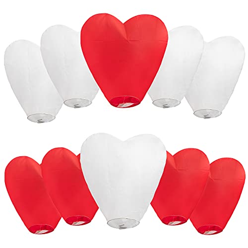 Connexx Henry Inc Chinese Lanterns â€“ 10-Pack with Red and White Hearts Lanterns to Release in Sky â€“ Biodegradable Floating Lanterns â€“ Floating Sky Lanterns for Birthday, Wedding, Party, Celebration