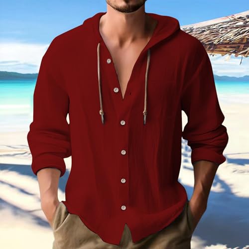 Men's Cotten Linen Hoodie Casual Button Down Long Sleeve Shirt Solid Clothes Hawaiian Beach Tops Lightweight Work2