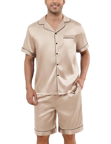 Image of Veseacky Mens Silk Satin Pajamas Set Short Sleeve Sleepwear Button-Down Pjs Sets Two-Pieces Loungewear with Pockets S-XXL