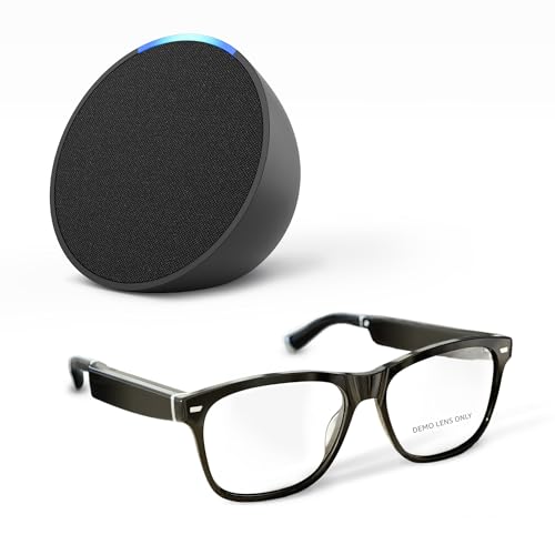 Amazon Echo Frames (3rd Gen) + Echo Pop | Smart glasses with Alexa | Square frames in Classic Black with prescription ready lenses