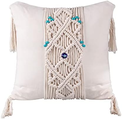 Turkuaz Label 18x18 Macrame Pillow Cover for Macramé Evil Eye Decor - Handmade Woven Boho Cushion Cover for Bed Sofa Couch Bench Car Home Décor Comfy Square Pillow Case, Cream Decorative Pillow Covers