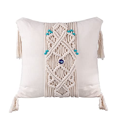Turkuaz Label 18X18 Macrame Pillow Cover For Macramé Evil Eye Decor - Handmade Woven Boho Cushion Cover For Bed Sofa Couch Bench Car Home Décor Comfy Square Pillow Case, Cream Decorative Pillow Covers #TOP13