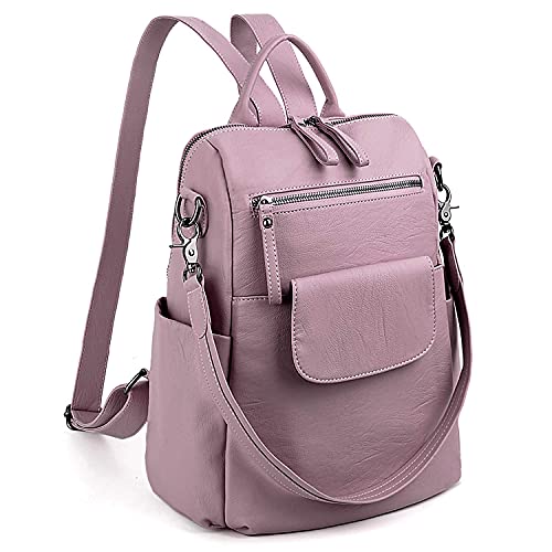 UTO Women Backpack Purse 3 ways PU Washed Leather Ladies Rucksack Shoulder Bag Light Purple