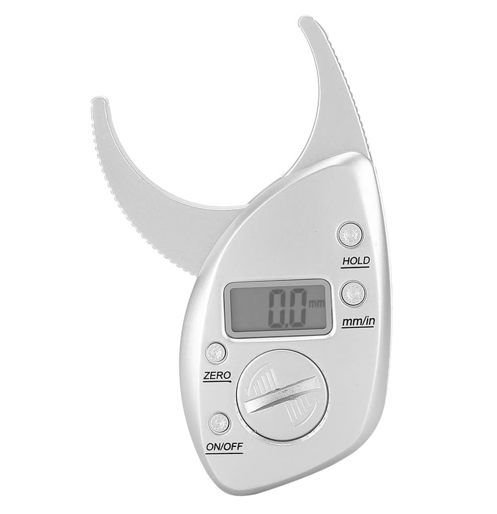 Calibrador de Grasa Corporal Digital, Medidor de Sebo con Medición del Pliegue Cutáneo Pinza Alta Precisión Pantalla LCD Batería para Adultos Plata